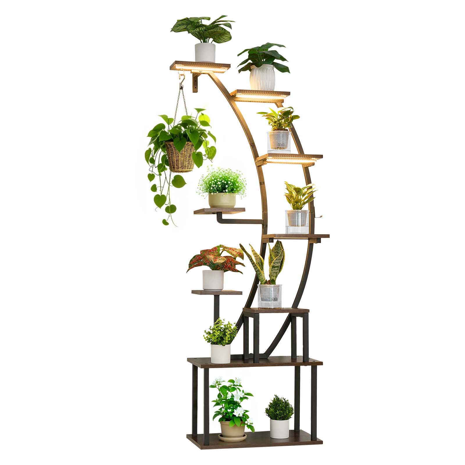 Plant Stand Indoor With Grow Lights, 63 In Tall 9-Tier Lighted Plant Shelf, Metal Corner Plants Holder, 3 Timer & 10 Brightness, Curve-Shaped Flower Display Rack For Living Room Balcony Decor_maomaolike.com